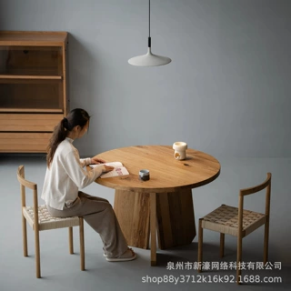原木风白橡木餐桌家用实木圆桌客厅极简大板圆形复古高端吃饭桌子
