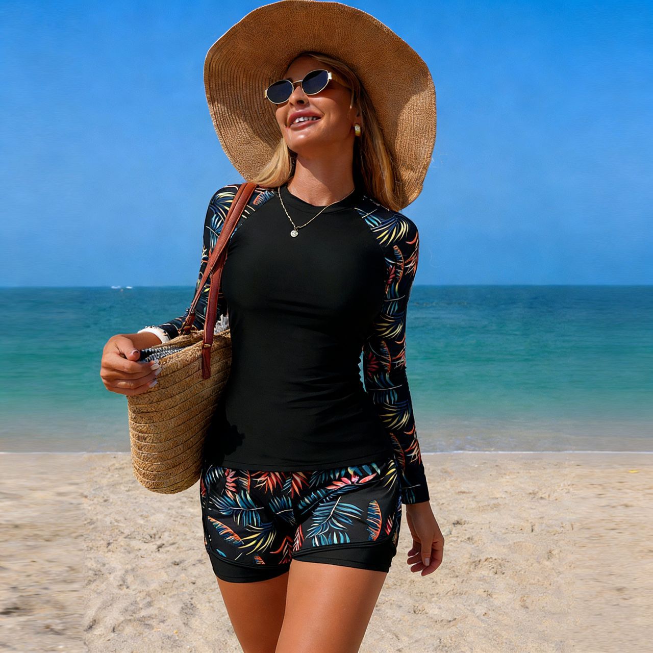 Women's Long Sleeve Tankini Top Bottom Set Sexy Style Swimming Suit Mite Printed Durable Waterproof Cross Border Swimsuit for Racing_voghion.com