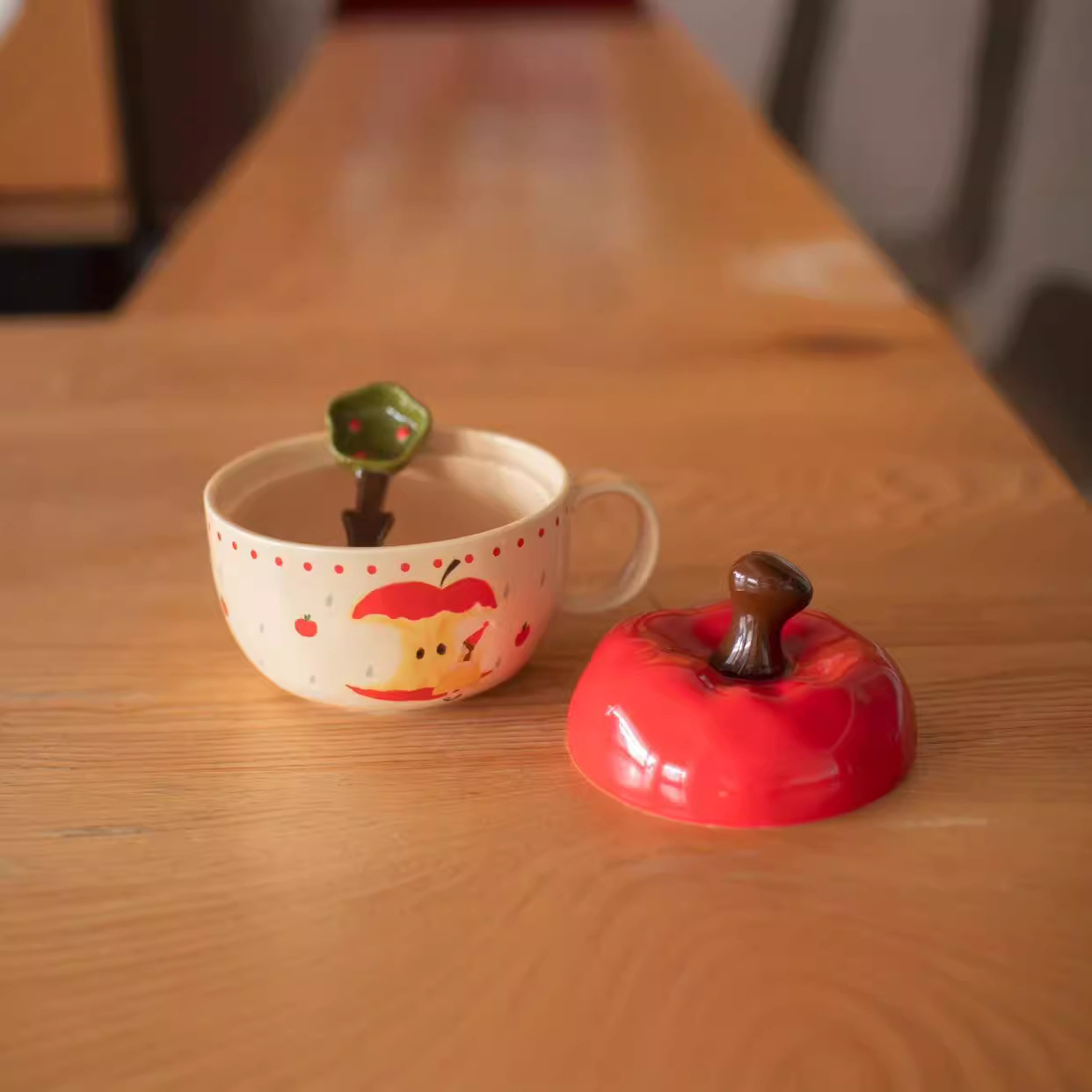 Creativo retro manzana de Navidad cerámica bolos de fideos de alto valor facial taza de avena de leche regalo de mano pareja bolos de sopa con cucharas image 3