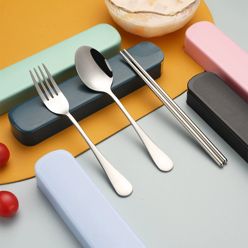 Handheld tableware stainless steel, travel set for elementary school students, storage box, chopsticks, 3 piece set, wholesale