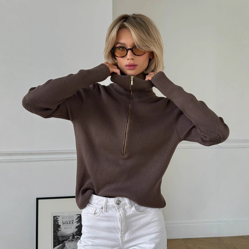 2025 Early Autumn New High-End Half-Zip Slim Slim Casual Versatile Niche Design Long-Sleeved Sweater for Women