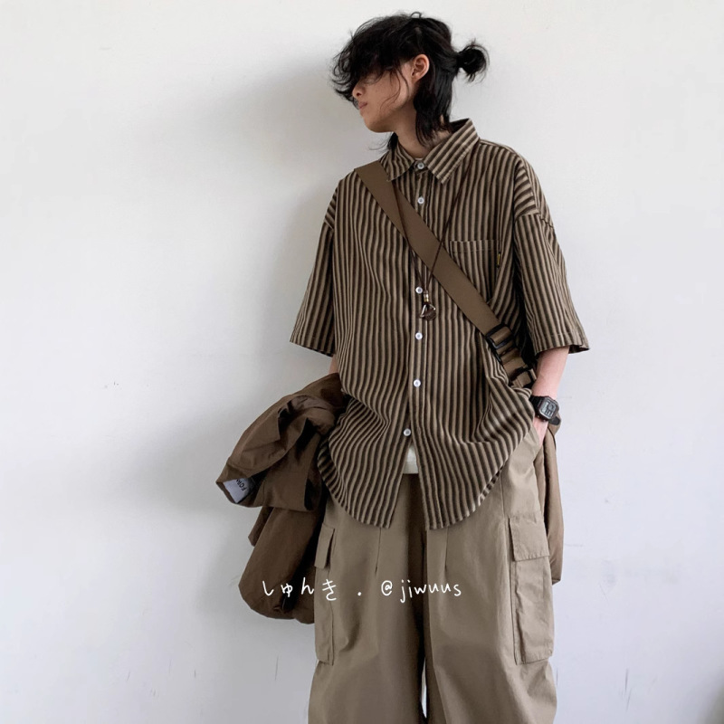 Japanese Retro Niche Harajuku Style Striped Short-Sleeve Shirt for Men, New Summer Loose Boyfriend Style Work Shirt