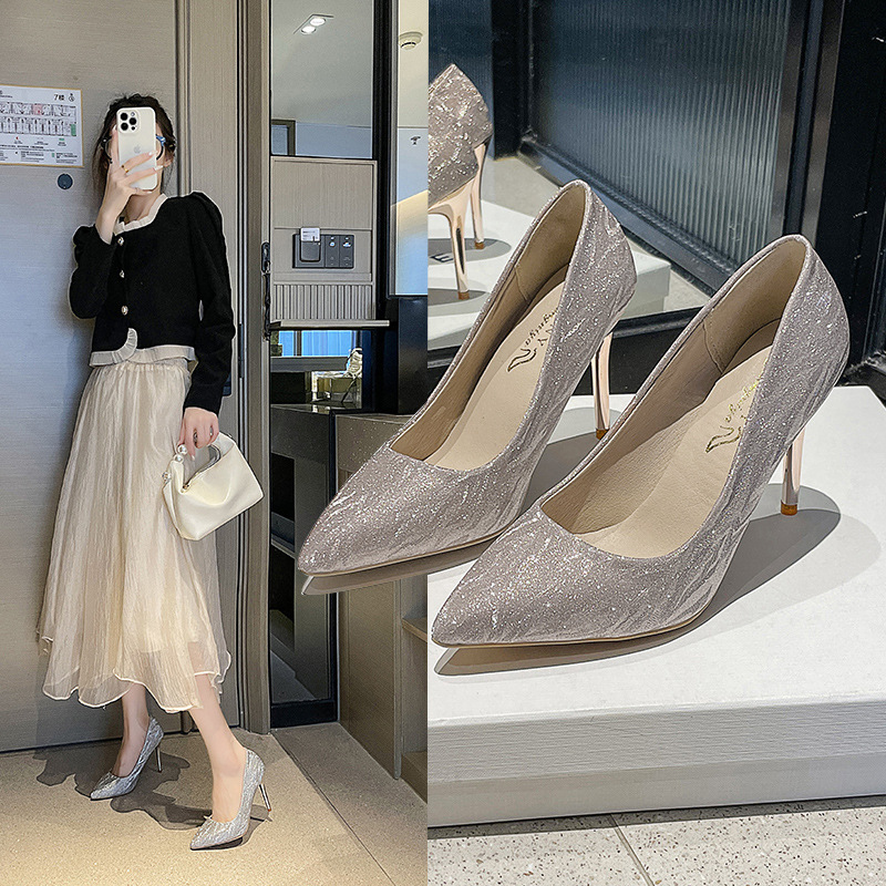 2025 Summer New Style Sequined Pointed-Toe High-Heeled Shoes for Women, Fashionable High-End Party Shoes, Stiletto Crystal Wedding Shoes
