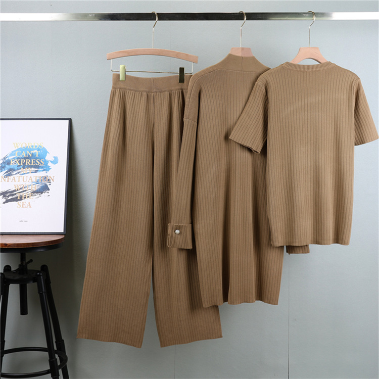 Damen Strick Set Dreiteilig Mit Strickjacke Und Weite Hose_voghion.com
