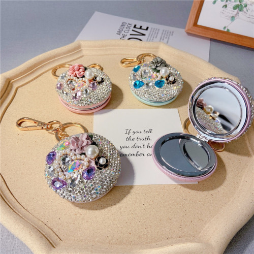 Creative Diamond Mountain Camellia Makeup Mirror Car Keychain Creative Round Small Mirror Bag Pendant Portable Touch-up