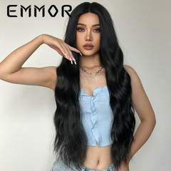 EMMOR New European and American Style Wigs, Mid-Part Long Curly Black Wigs with Matte Finish, Made from High-Temperature Resistant Synthetic Fiber—Factory Direct Supply