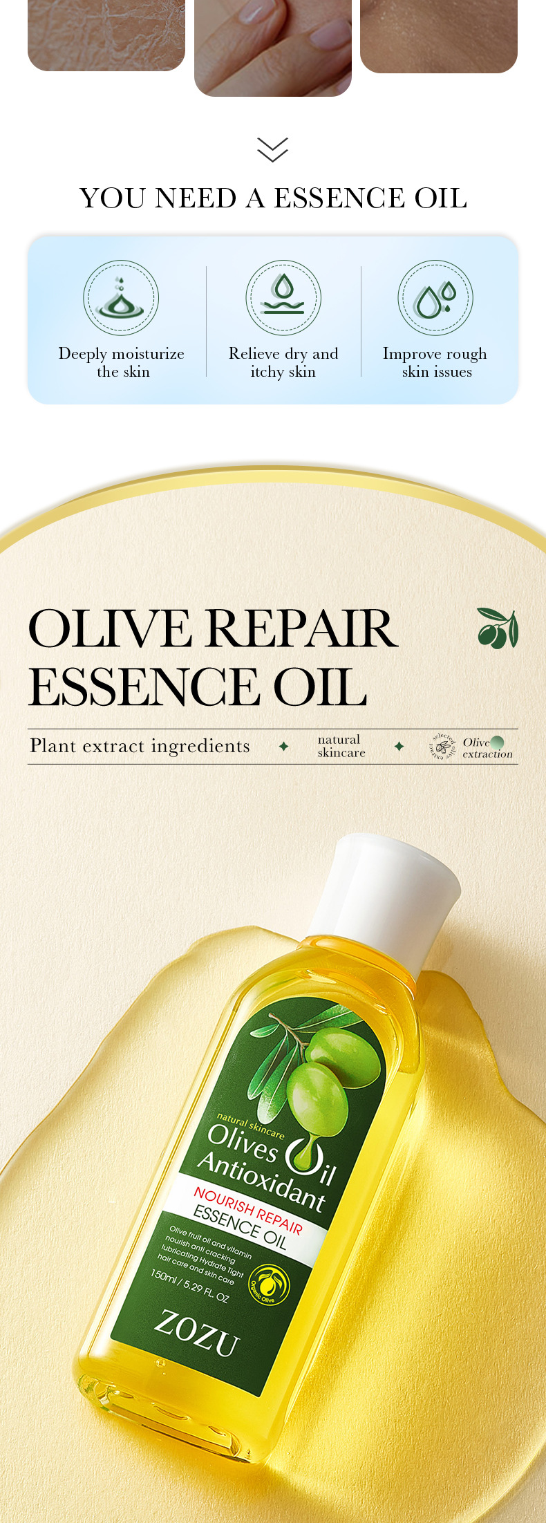 Pflegendes, reparierendes ätherisches ZOZU Olive-Öl für die Gesichtspflege und die Ganzkörperpflege_voghion.com