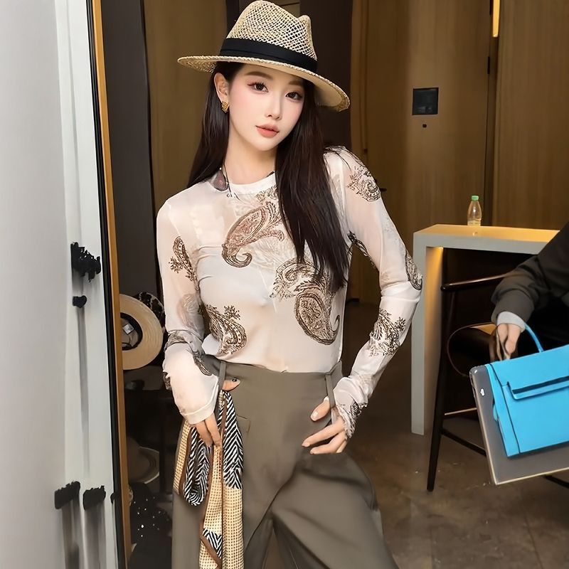 S010 気質プリントメッシュ長袖ラウンドネック Tシャツレディース夏スリムフィット外国風日焼け止めシャツ薄手トップ|undefined