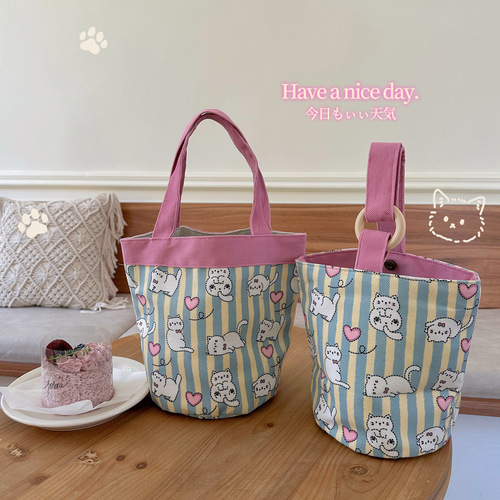 Original Design Instagram Cute Cartoon Illustration Hand-Tied Wooden Ring Water Bucket Mama Bag Colorful Contrast Student Bento Lunch Box Bag