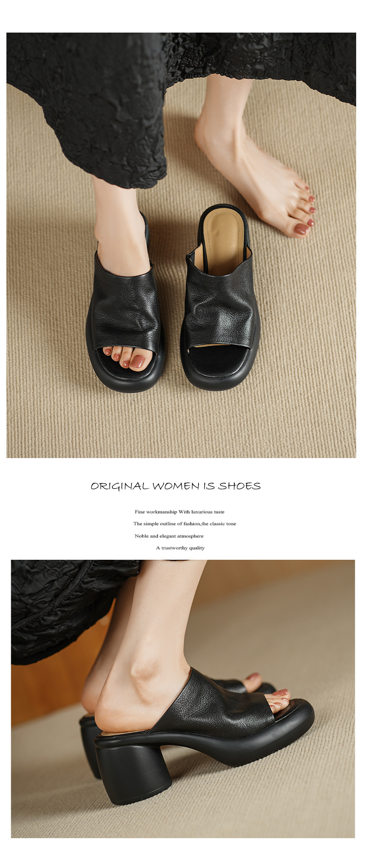 Sandal cao gót nữ hở mũi quai ngang da dê thật, gót 7 cm — đen chi tiết 12
