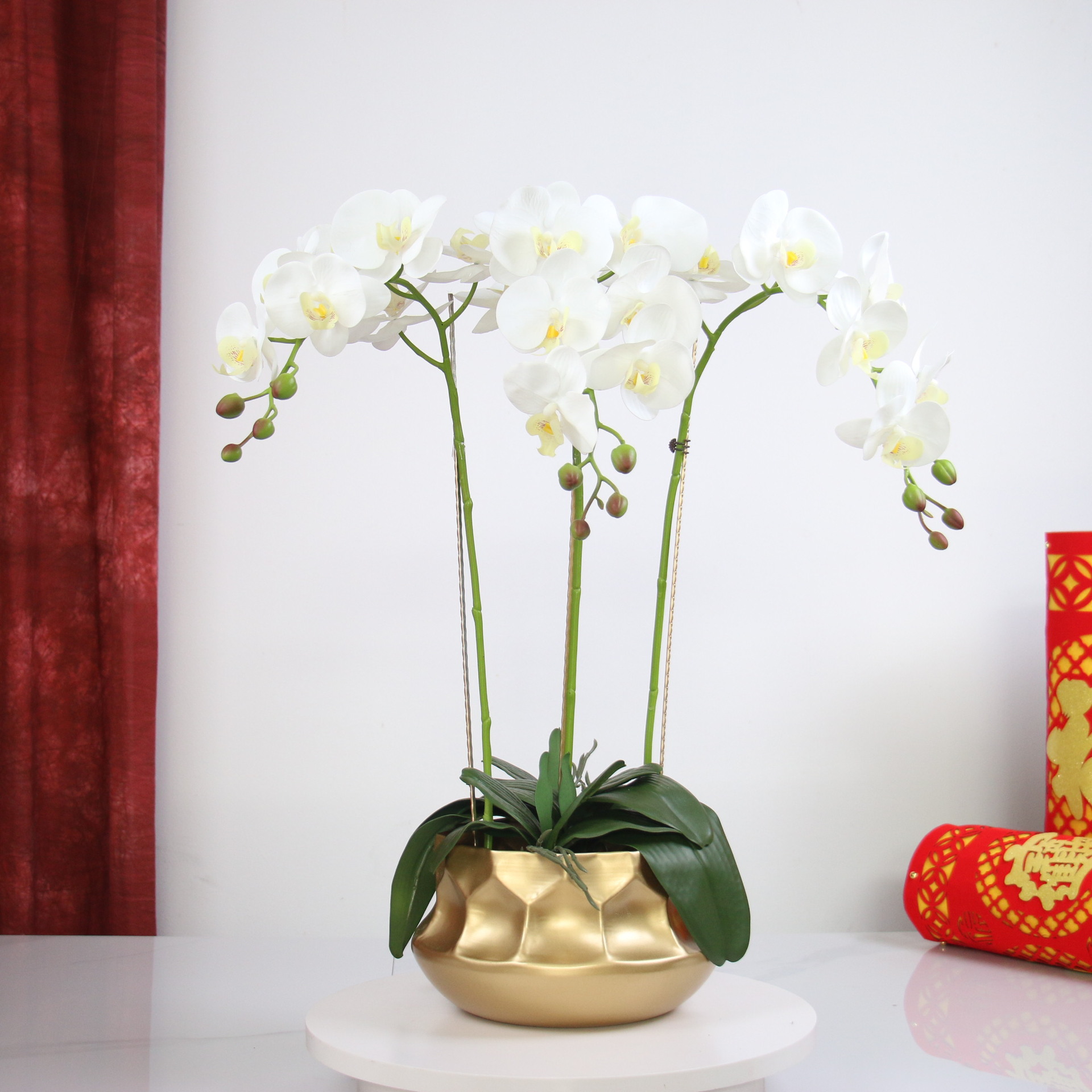 New Year Decoration Iron Butterfly Orchid and Holly with Red Berries Winter Flower Pot, Concave 3D Metal Flower Vase Ornament