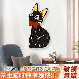 北欧餐厅挂钟猫咪客厅家用静音钟表创意卡通时钟2025挂墙石英钟批