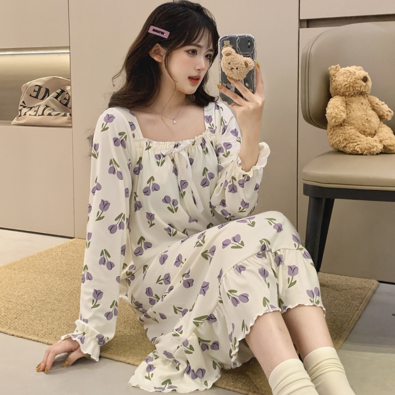 2025 primavera y otoño pijama con cojín de pecho desmontable pijama de mangas largas de lana fresca ropa de hogar larga de niñas estudiantes