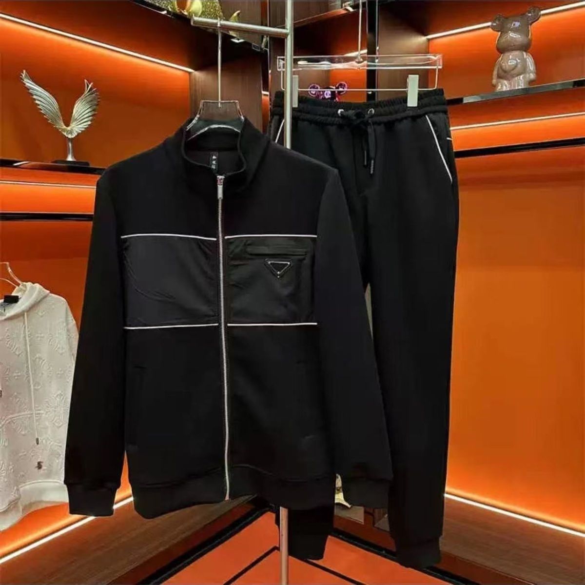 Spring and Autumn Fashion Brand Collar Casual suit Men's Fashion Stitching Triangle Label Loose Jacket Two-piece Set