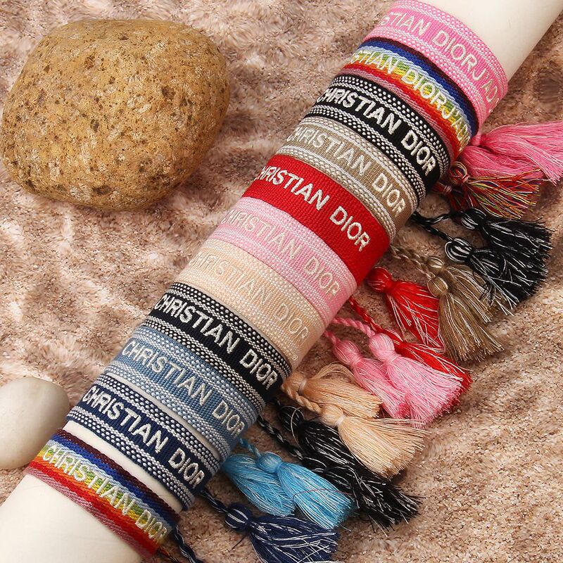 Ethnic Style D-Brand Same Style Embroidered Ribbon Friendship Rainbow Bracelet Embroidered Letter Tassel Adjustable Couple Bracelet Wholesale