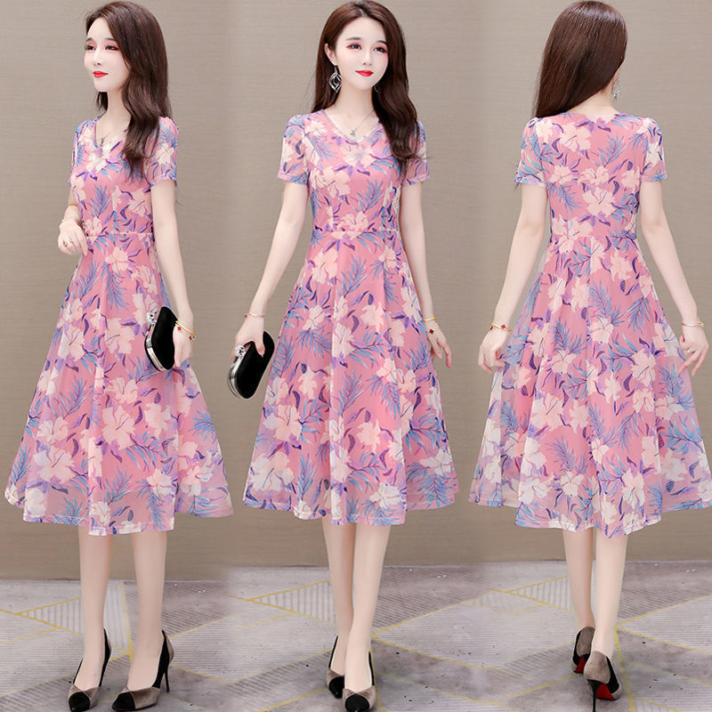 Floral print short sleeve dress women's 2021 summer new elegant mid-length waist printed A- line skirt foreign trade Wholesale