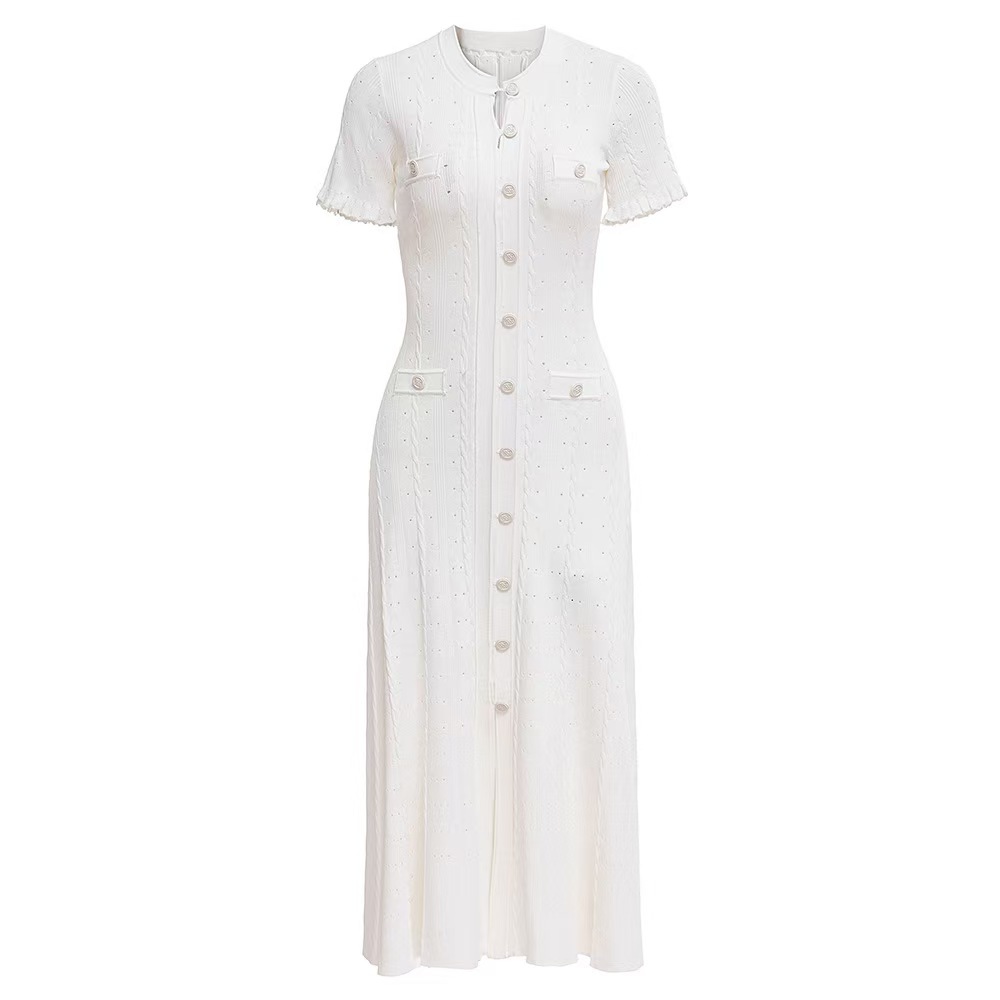 Women's European American Style Knitted Dress Simple Elegant Summer Single-Breasted Hollow out Slim Fit Temperament Long Dress_ecoleips.com