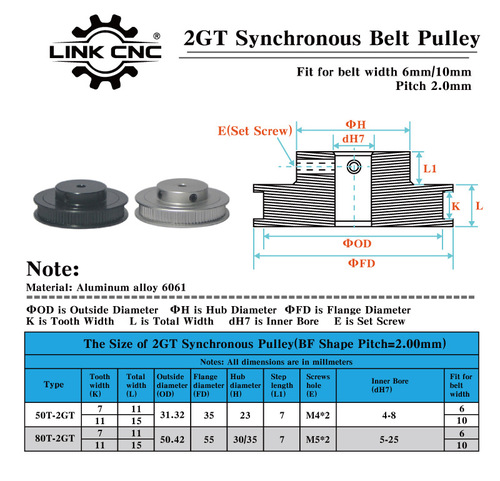 Link CNC 2GT Synchronous Belt Pulley GT2 Synchronous Belt Pulley BF Series 28-80 Teeth