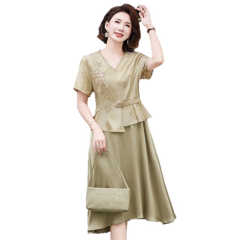New Chinese Style Mother's Clothing, Chinese Style Fake Two-Piece Short-Sleeved Dress, Summer New Style, Middle-Aged and Elderly Long Skirt