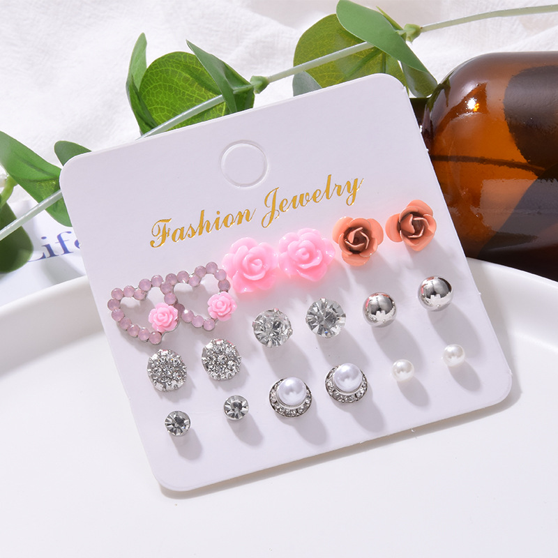 Retro Fashion Love Personalized Pearl Rhinestone 9 Pairs Of Earrings Set display picture 2