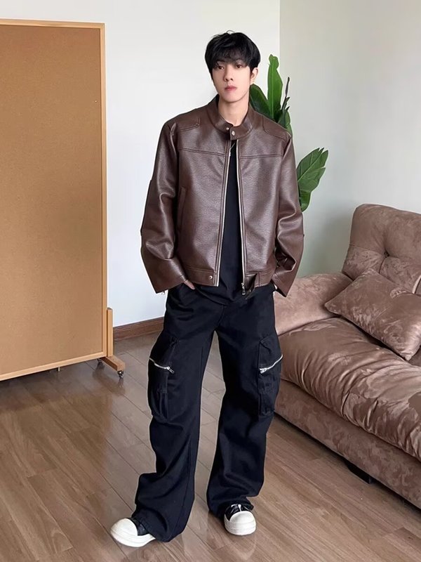 美式复古宽松立领机车皮衣外套男秋季新款设计感帅气休闲pu皮夹克|undefined