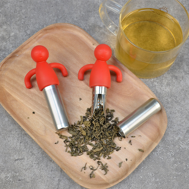 Colador de té creativo de acero inoxidable con cuchara de té colgando portátil de silicona en forma humana fabricante de té al por mayor lindo Filtro de té