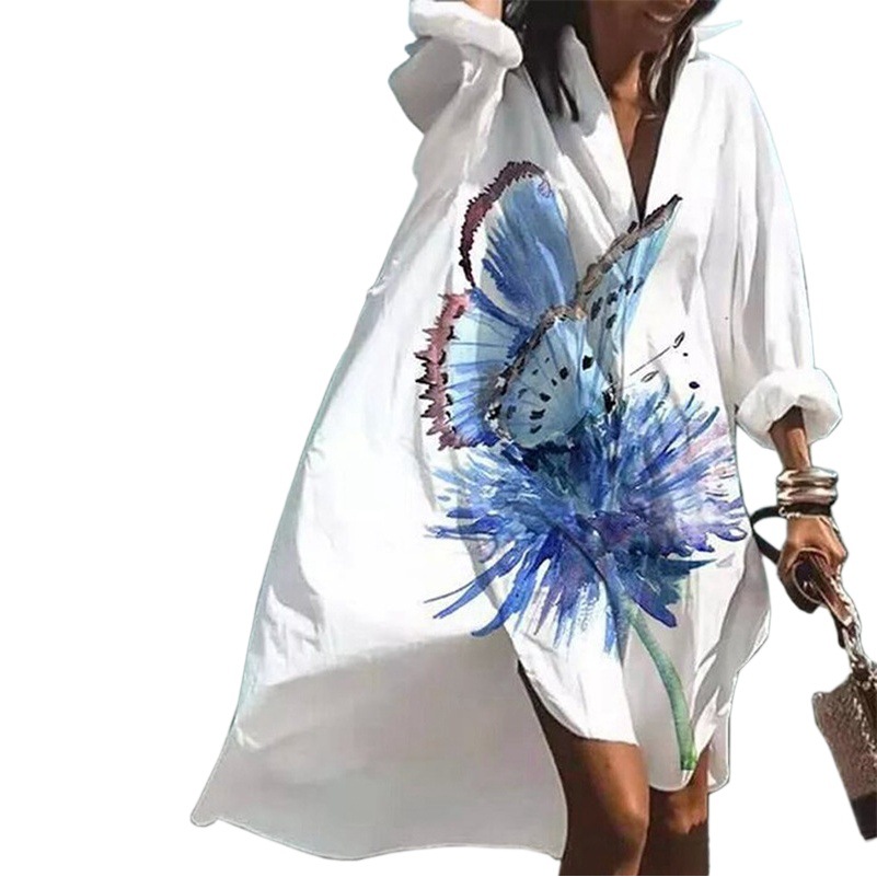 Vestido bohemio estampado para mujer, manga larga, corte holgado