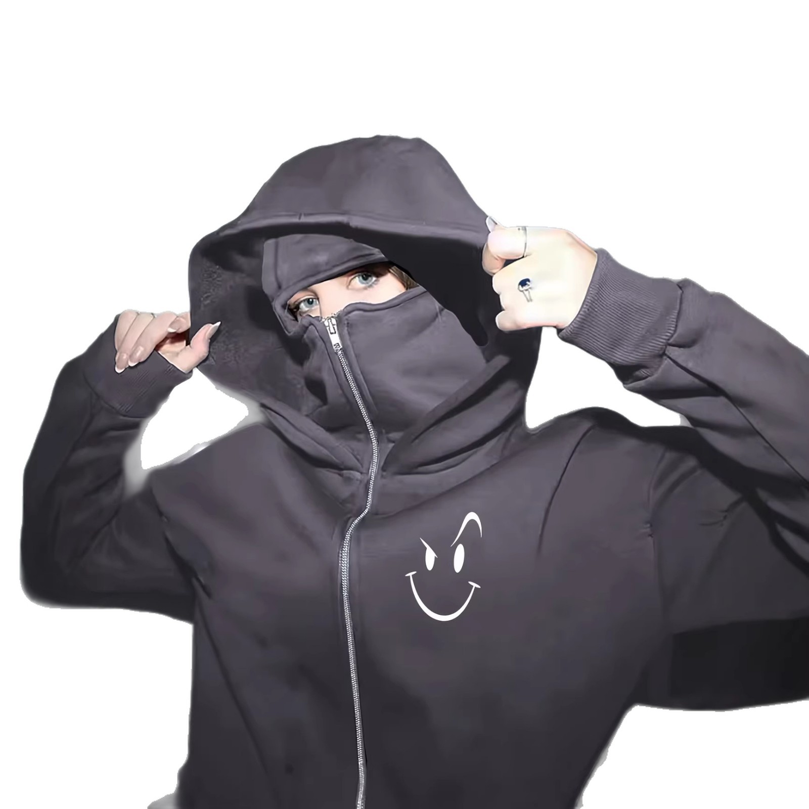 Women's Clothing Fleece Lined Hooded Cardigan Coat Smiley Face Print Double Layer Casual Style Autumn Winter Fashion_ecoleips.com