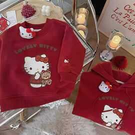 女童凯蒂猫加绒卫衣新年红色卡通宝宝2025新款儿童可爱Kitty上衣