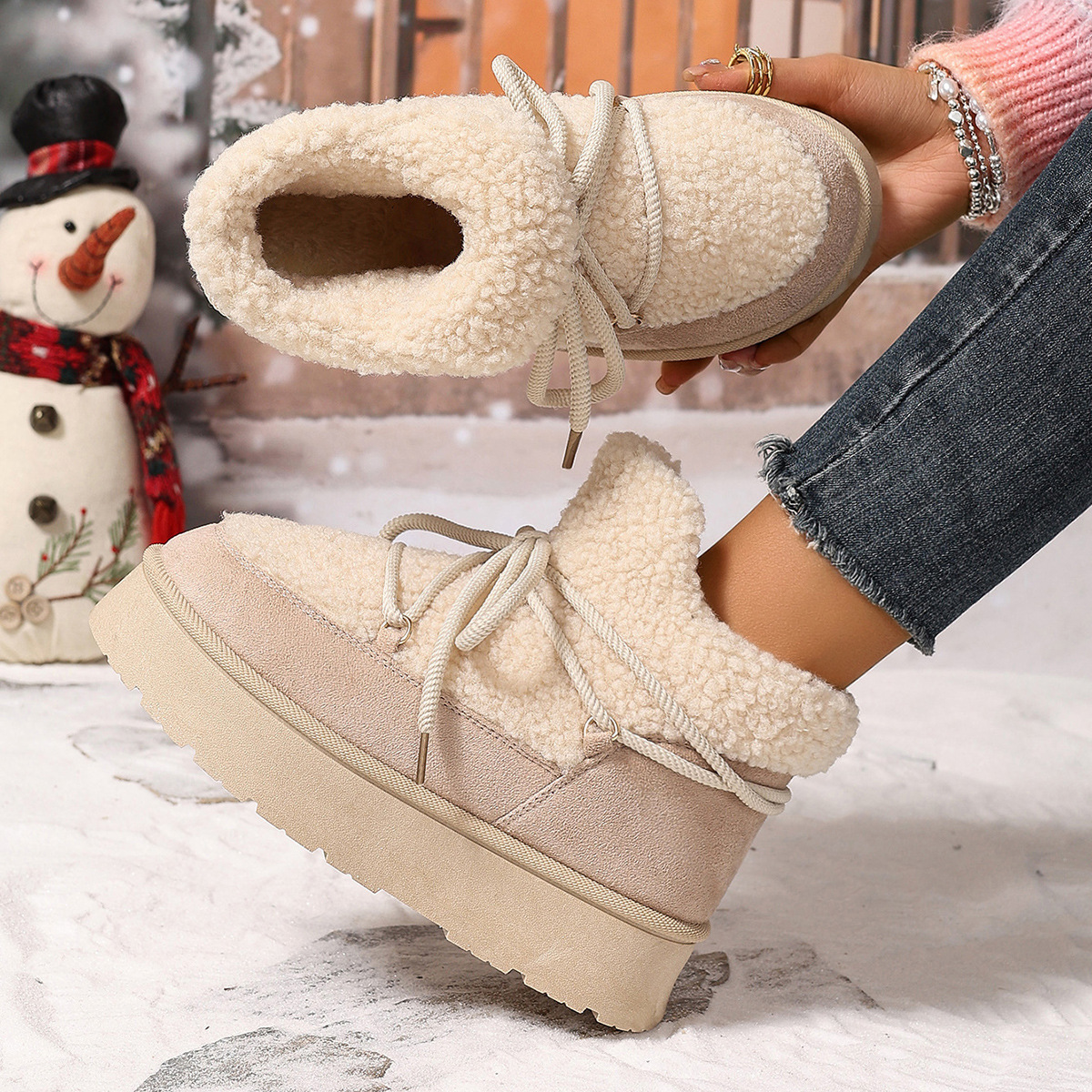 Autumn and winter new fashion cashmere thickened warm short tube slip-on elastic snow boots_voghion.com