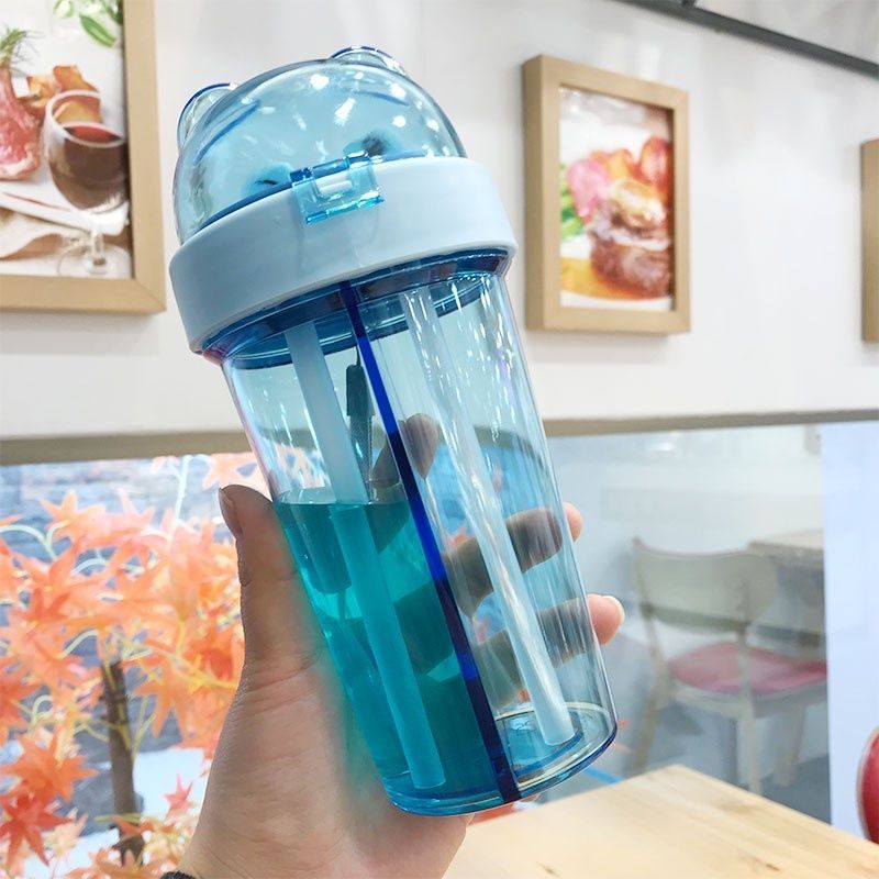 Vaso portátil infantil con doble compartimento – Diseño creativo con pajilla, plástico resistente para estudiantes