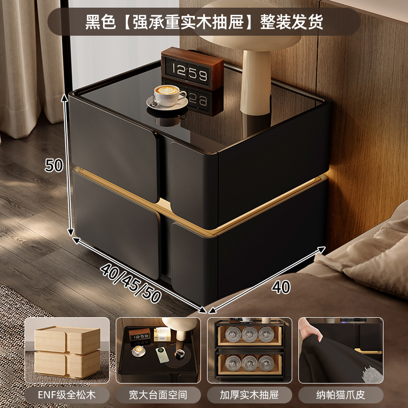 Mesita de noche negra 2025 estilo explosivo, lujo ligero, sentido de alta gama, sentido de diseño de dormitorio en casa, madera maciza de nicho con luz inteligente