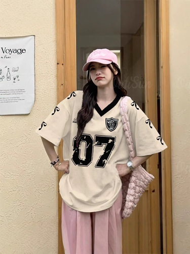 American-style high street casual sports baseball collar contrasting color short-sleeved long-sleeved T-shirt women's summer loose-fitting printed half-sleeved top