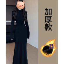 黑色步步生莲鱼尾连衣裙女秋冬内搭修身针织包臀高领春秋季长裙子