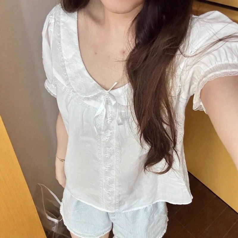 Bm Style French Doll Collar White Cotton Shirt Bm Summer New Bow Puff Sleeve Loose Shirt Top for Women Bm Style French Doll Collar White Cotton Shirt Bm Summer New Bow Puff Sleeve Loose Shirt Top for Women