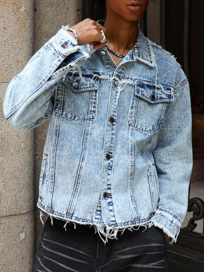 Giacca di jeans uomo casual cardigan con revers stile versatile_voghion.com