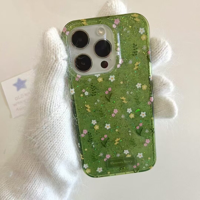 Small Fresh Glitter Green Floral Suitable for Iphone14 Apple 16Promax Mobile Phone Case 15 Women 13 New Style 16