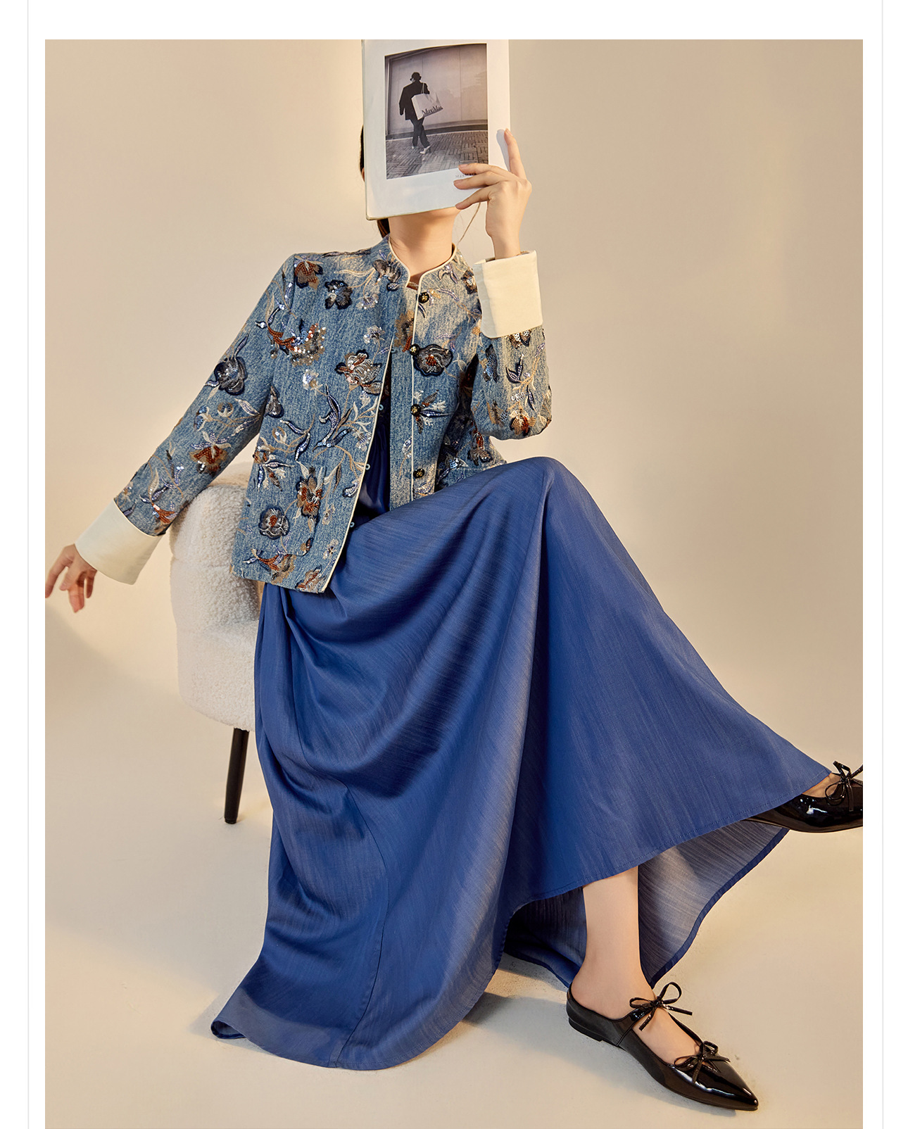 Váy yếm denim phong cách Trung Quốc mới, thiết kế jacquard nhuộm sợi cao cấp, dáng suông — màu nâu, màu xanh lá cây chi tiết 6