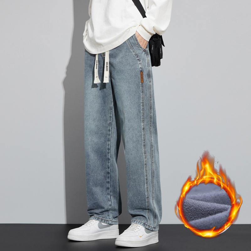 Jeans 2023 de los hombres con forro polar popular primavera y otoño rectos sueltos cintura ajustada pierna ancha casual pantalones largos Otoño e Invierno
