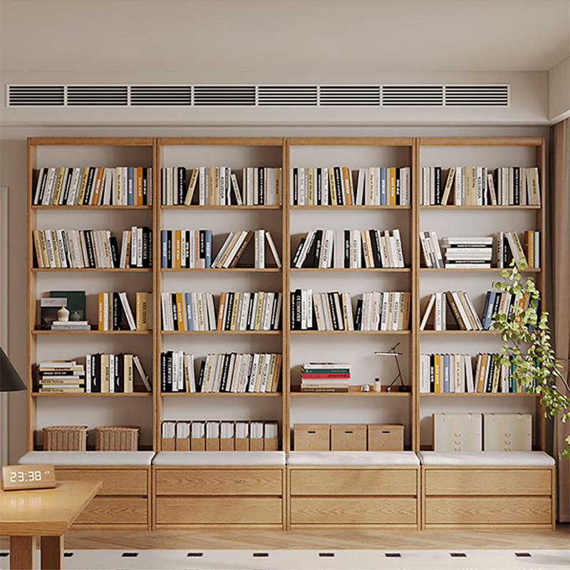 J&全实木卡座书柜一体整墙到顶橡木原木色去客厅满墙展示柜组合书