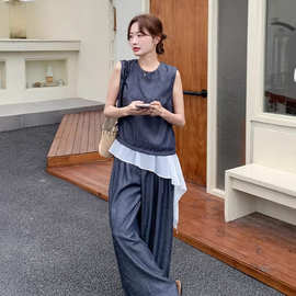 复古设计感休闲套装女2026初夏新款不规则荷叶边背心阔腿裤两件套