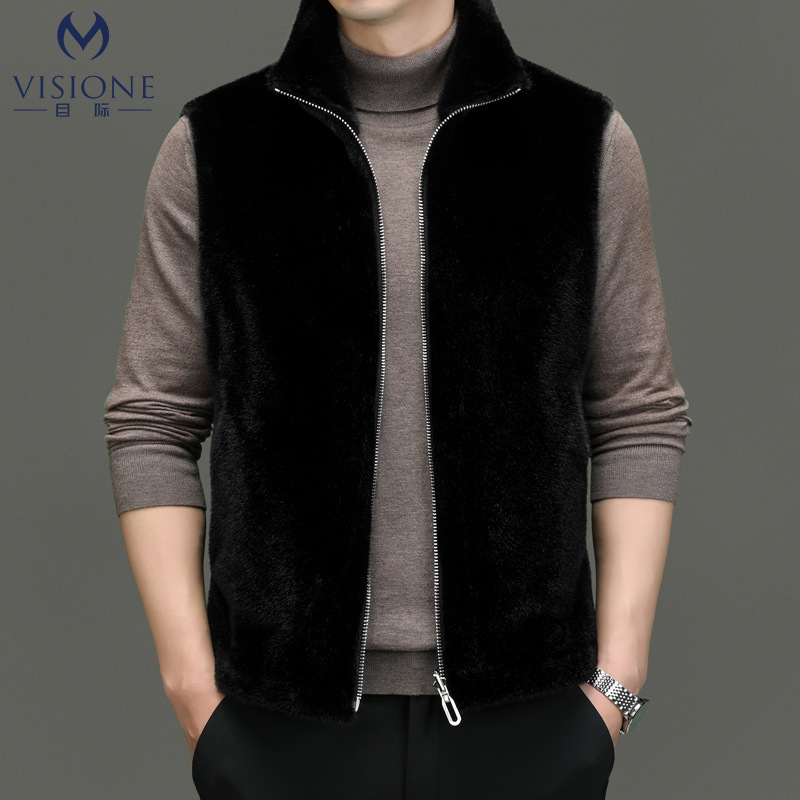 Haining Fur Men's Vest Fashion Solid Color Fur Integrated Stand Collar Golden Mink Velvet Autumn Winter Thickened Waistoutwear Jacket