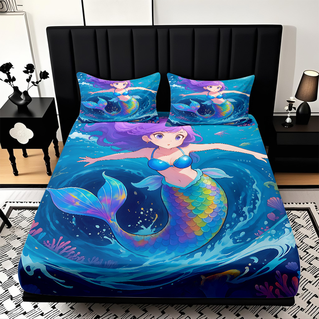 Modo JIT Temu serie de dibujos animados de sirena textil doméstico impresión digital cama de cama de cama kit fábrica de procesamiento