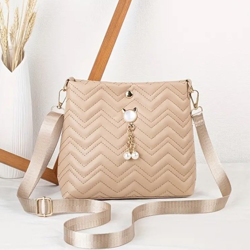 Korean Style Fashion Wave Striped Quilted Cat Pearl Decorated Women's Crossbody Bag Women's Bag