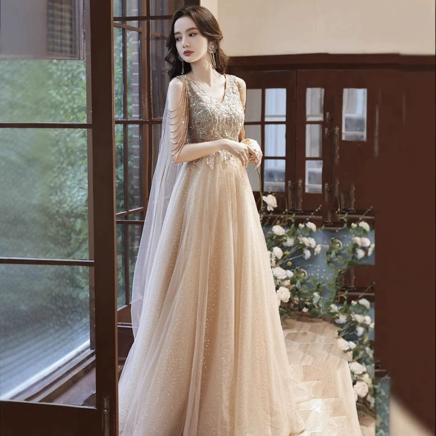 Вечернее платье цвета шампань 2025, новое доступное роскошное элегантное платье для выпускного вечера, ведущей, больших размеров, юбка для женщин, элегантное
