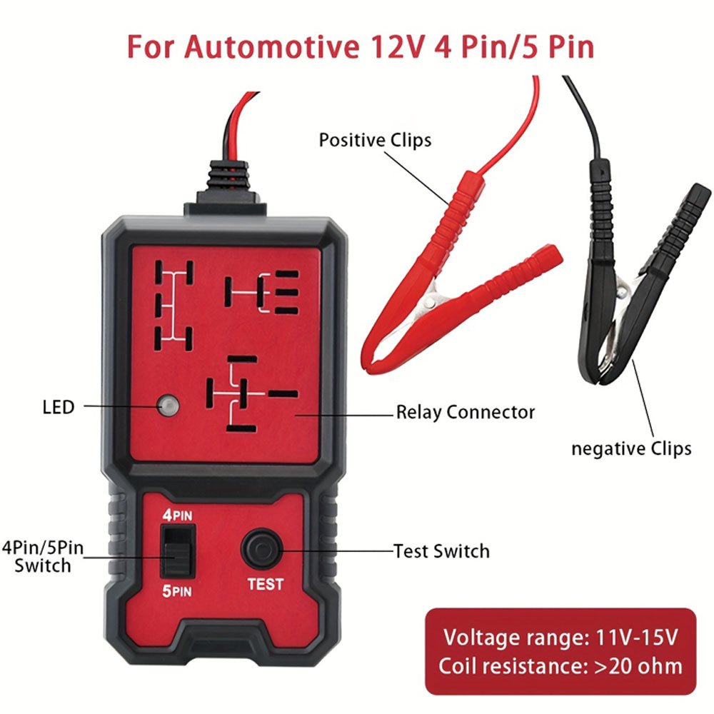 12V Automatic Relay Tester - Suitable for 4-Pin and 5-Pin Relays - Lightweight with Battery Clamp