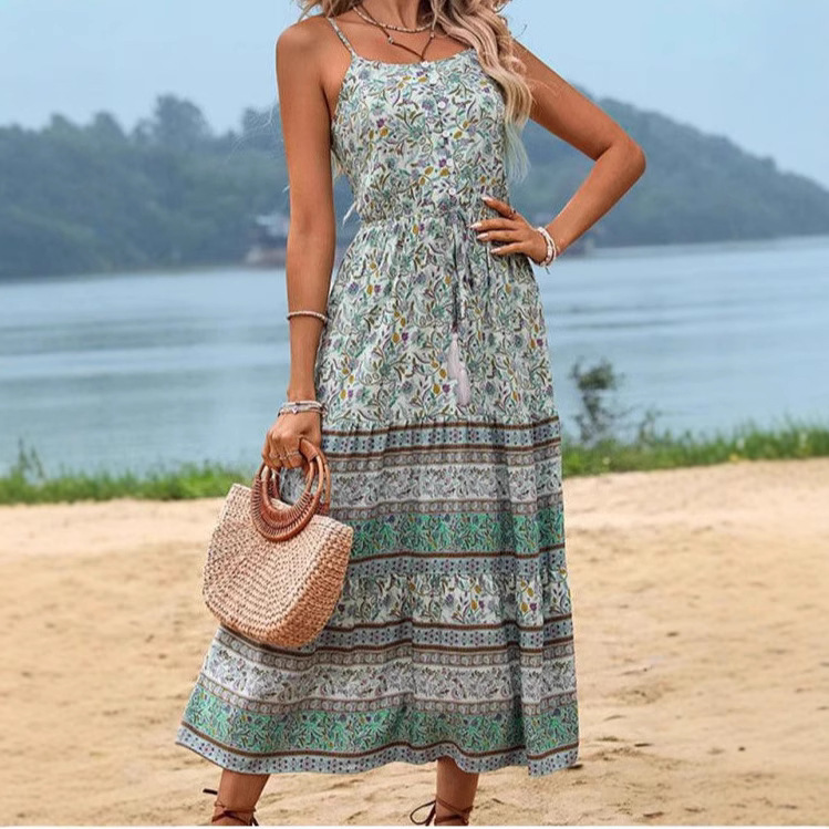 2025 New Summer Cross-Border Amazon Independent Station High-Waist Printed Spaghetti Straps Floral Print Maxi Dress
