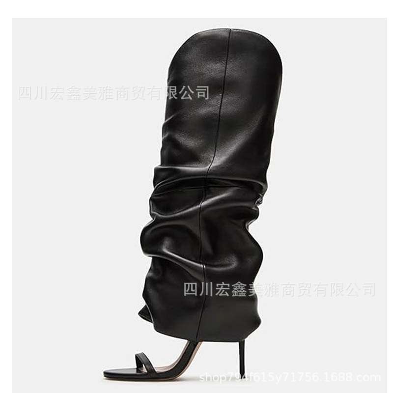 2025 Export New Style Round Toe Open Toe Stiletto High Heel One-Line Pleated Boots Sandals One-Leg Large Size Women's Boots