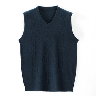 Men's V-Neck Sleeveless Knitted Vest Autumn and Winter New Sweater Pure Color Middle-Aged Business Inner Sweater