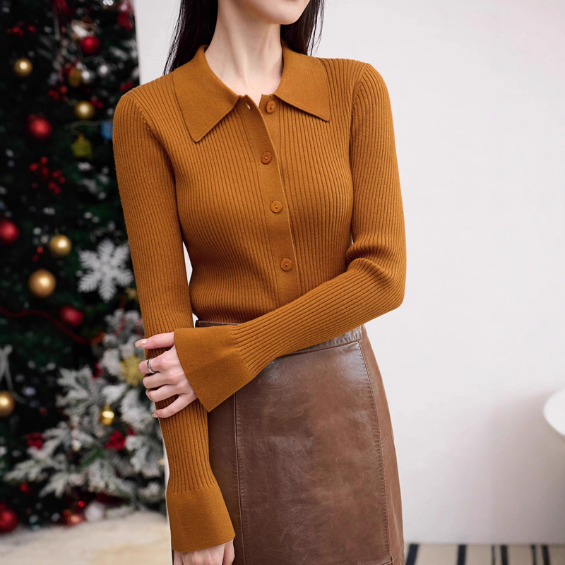Elegant Paper-Thin Knitwear, Machine Washable Fine-Spun Wool Ribbed Polo Collar Knit Top